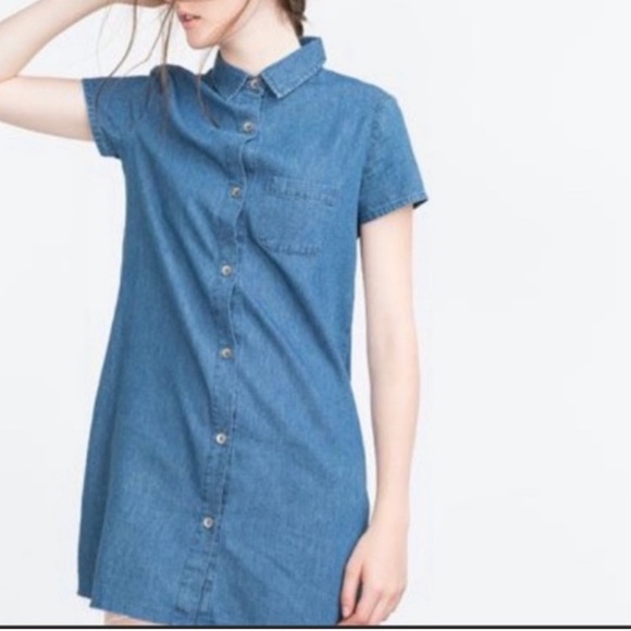 Zara Denim Raw Hem Button Up Mini Shirt Dress medium Preowned casual - Picture 6 of 6